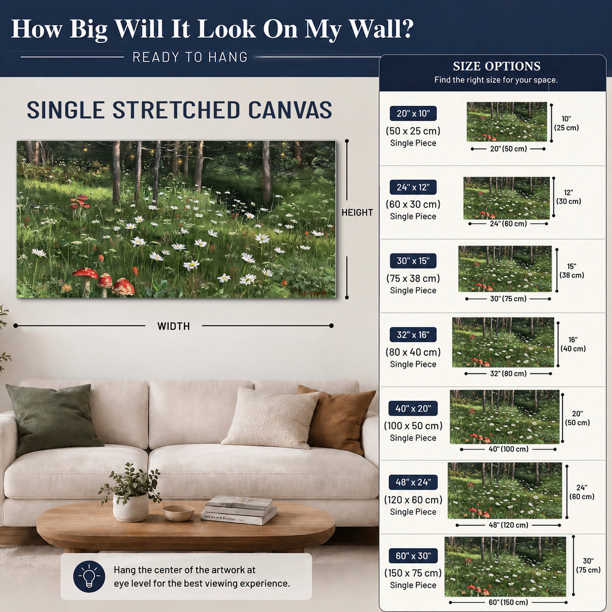 A green woodland floor covered with small white daisies and red mushroom accents single canvas wall art size guide above a sofa; room view is illustrative