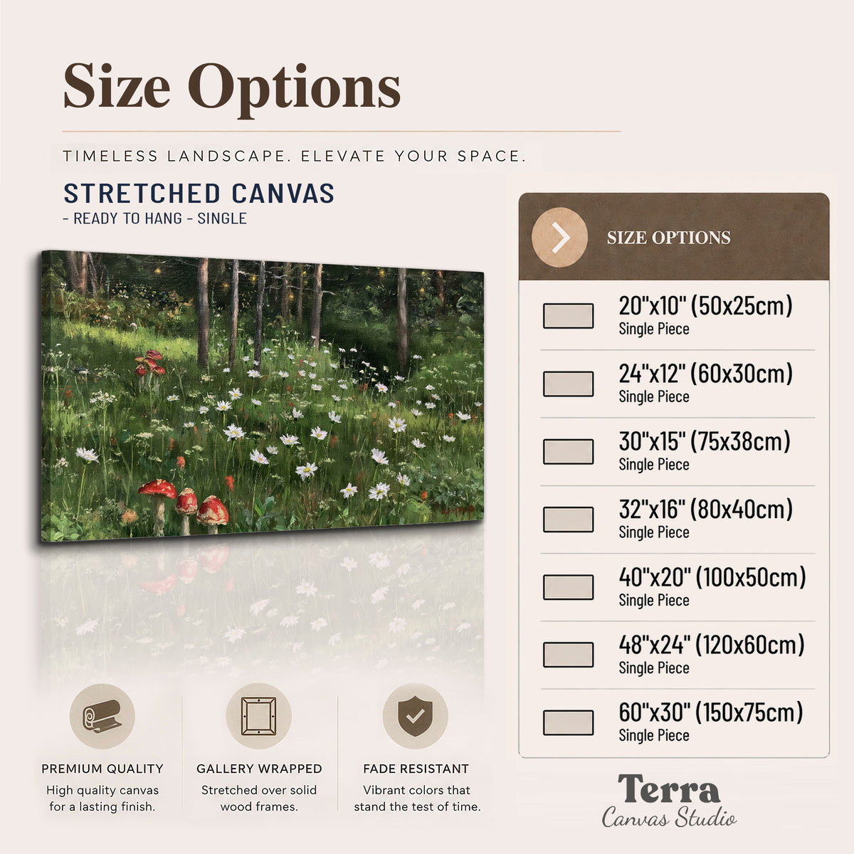 A green woodland floor covered with small white daisies and red mushroom accents single canvas wall art available dimensions