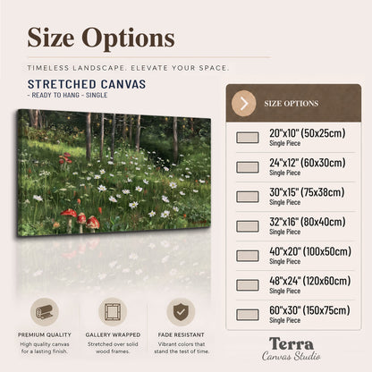 A green woodland floor covered with small white daisies and red mushroom accents single canvas wall art available dimensions
