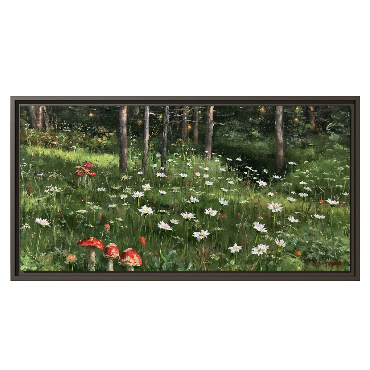 A green woodland floor covered with small white daisies and red mushroom accents single framed canvas wall art viewed straight on