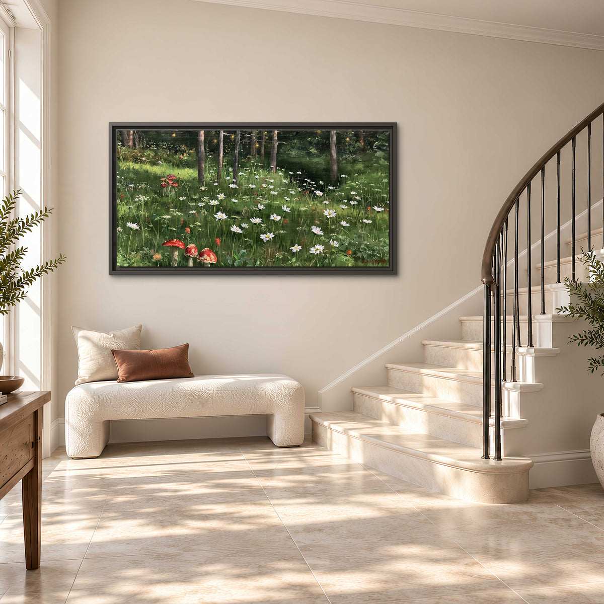 A green woodland floor covered with small white daisies and red mushroom accents single framed canvas wall art styled in an interior