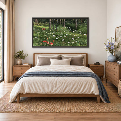 A green woodland floor covered with small white daisies and red mushroom accents single framed canvas wall art styled in an interior