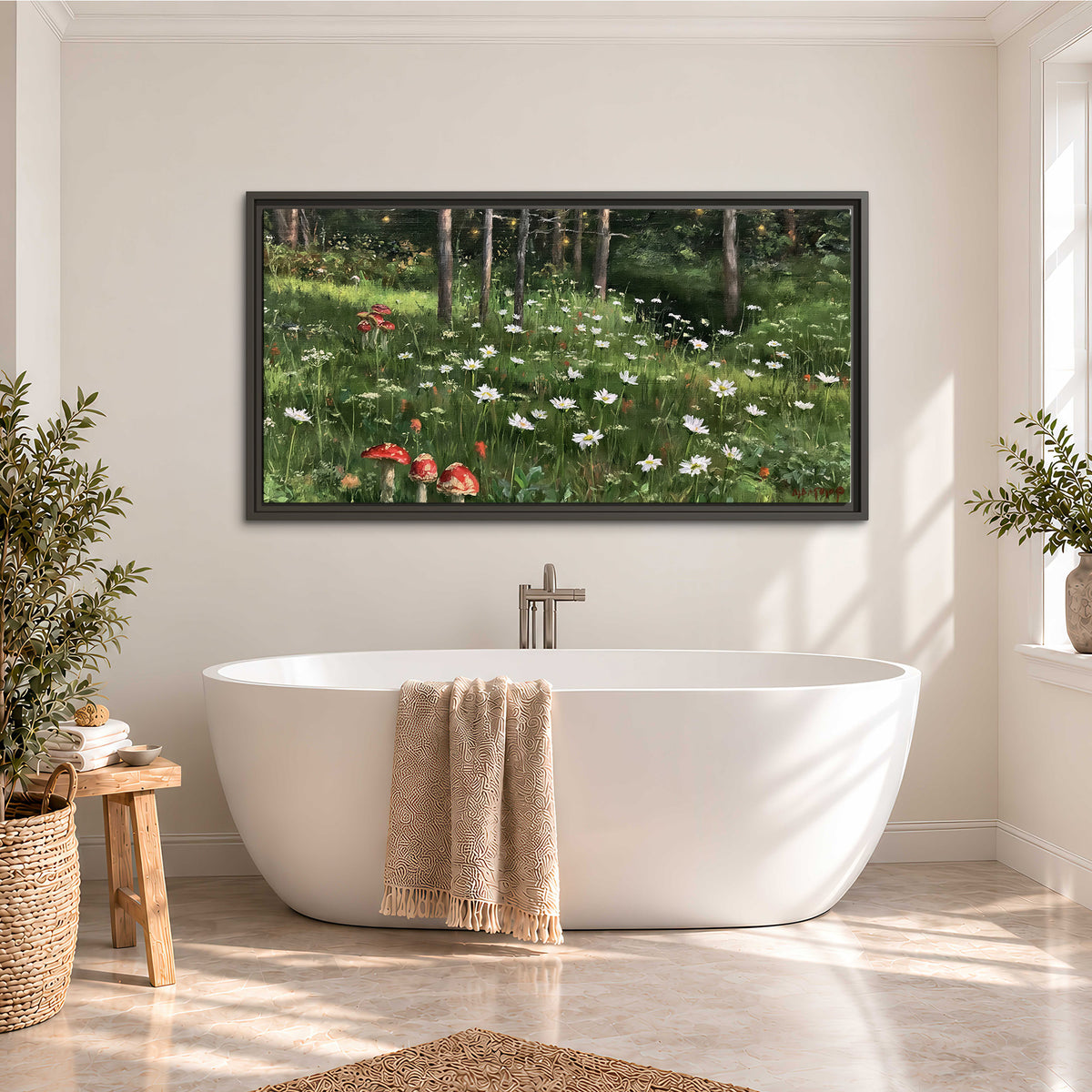 A green woodland floor covered with small white daisies and red mushroom accents single framed canvas wall art styled in an interior