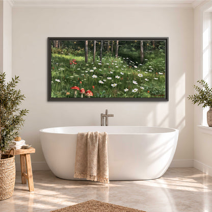 A green woodland floor covered with small white daisies and red mushroom accents single framed canvas wall art styled in an interior