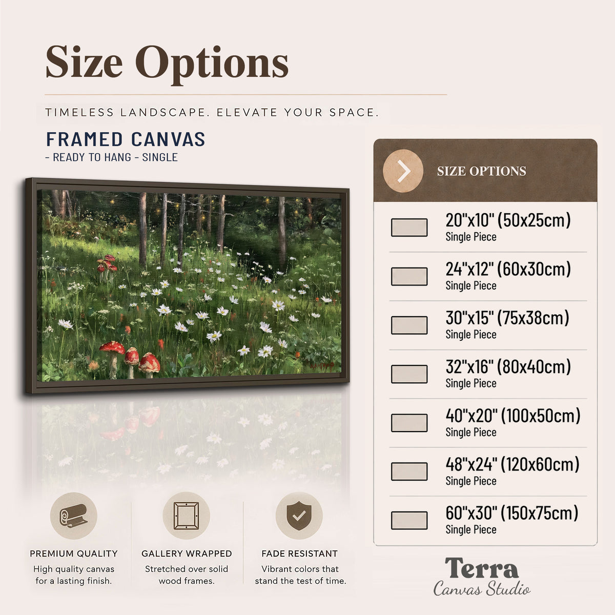 A green woodland floor covered with small white daisies and red mushroom accents single framed canvas wall art available dimensions