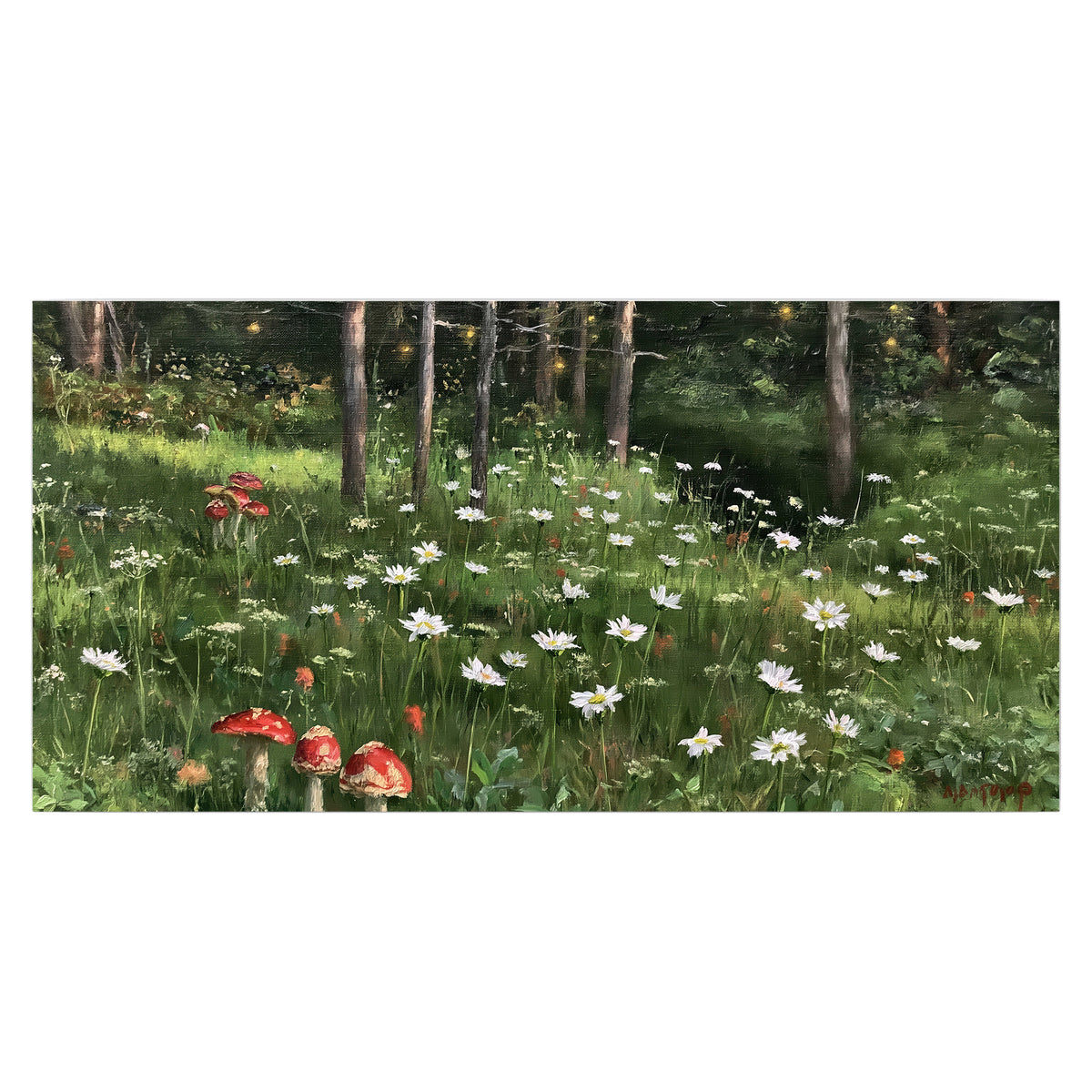A green woodland floor covered with small white daisies and red mushroom accents single poster print viewed straight on