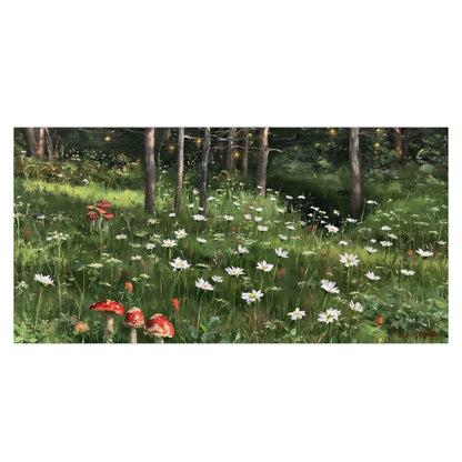 A green woodland floor covered with small white daisies and red mushroom accents single poster print viewed straight on