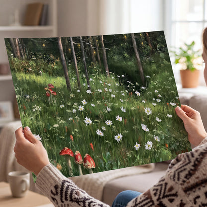 A green woodland floor covered with small white daisies and red mushroom accents single poster print held in hands