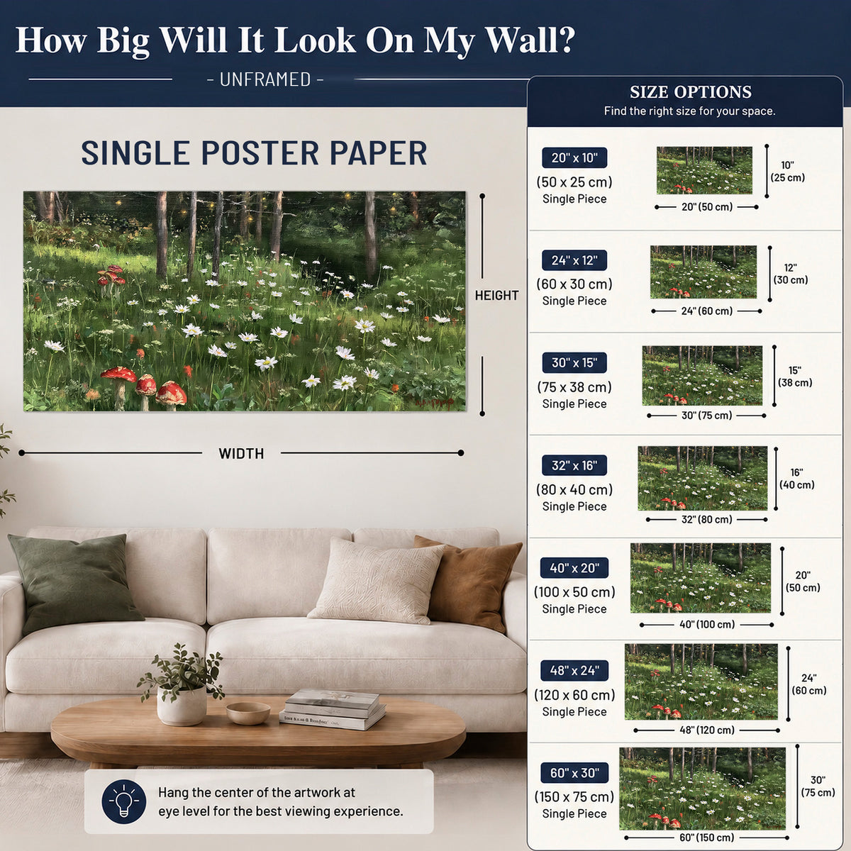 A green woodland floor covered with small white daisies and red mushroom accents single poster print size guide above a sofa; room view is illustrative