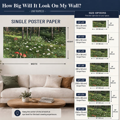 A green woodland floor covered with small white daisies and red mushroom accents single poster print size guide above a sofa; room view is illustrative