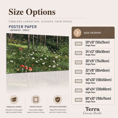 A green woodland floor covered with small white daisies and red mushroom accents single poster print available dimensions