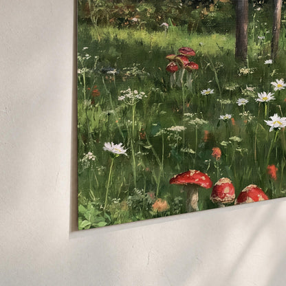 A green woodland floor covered with small white daisies and red mushroom accents set of 3 poster prints material and edge close up