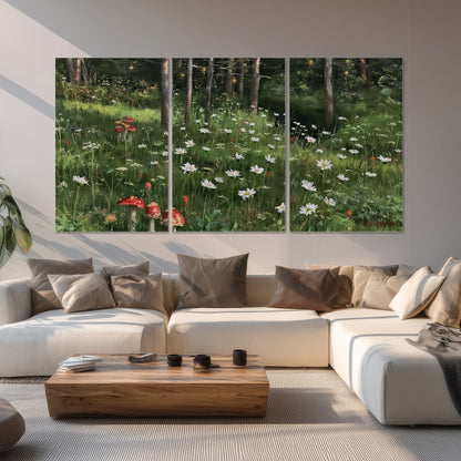A green woodland floor covered with small white daisies and red mushroom accents set of 3 poster prints displayed in a living room