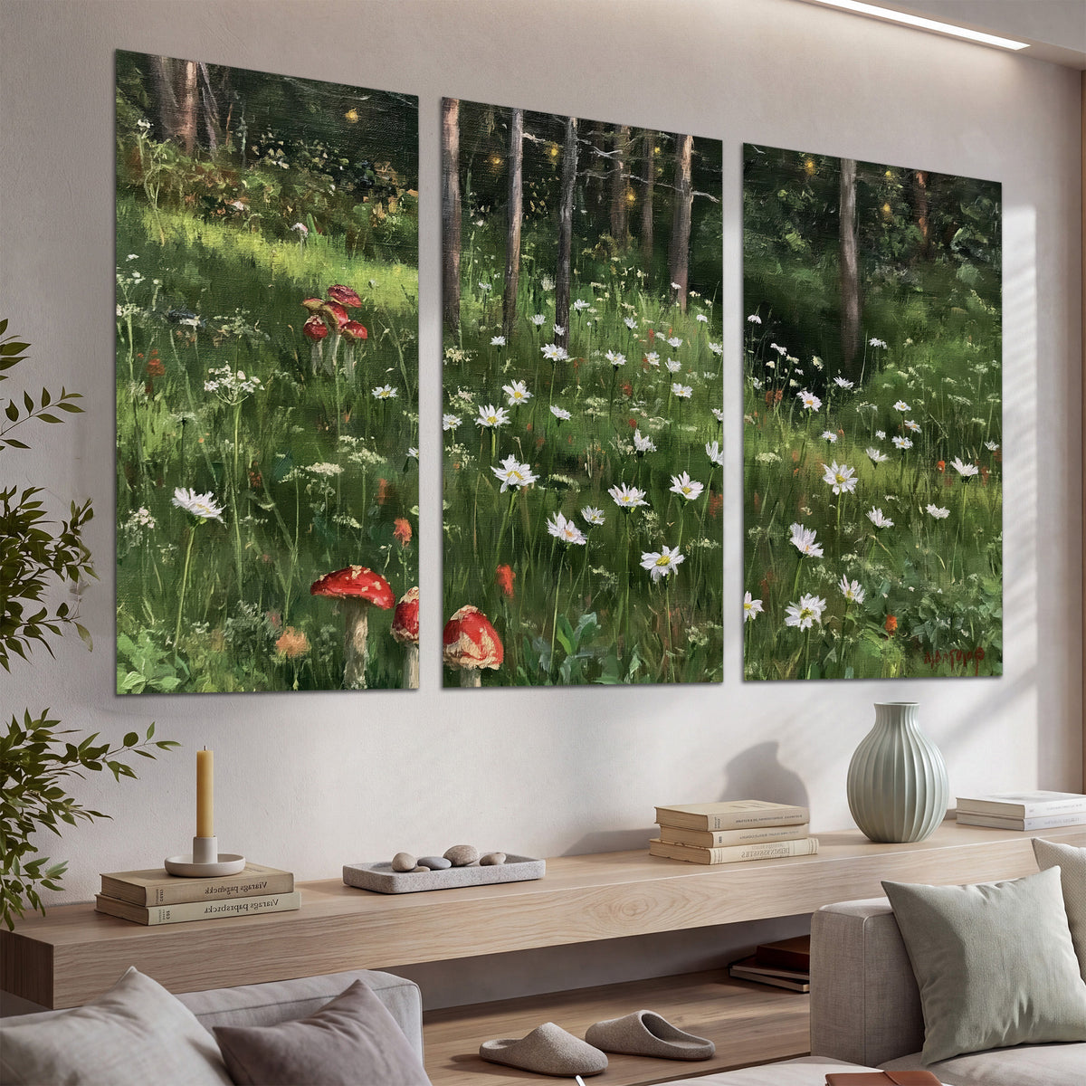 A green woodland floor covered with small white daisies and red mushroom accents set of 3 poster prints displayed in a console