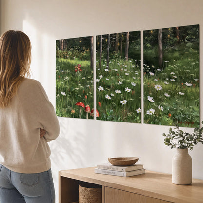 A green woodland floor covered with small white daisies and red mushroom accents set of 3 poster prints three panel arrangement on a wall