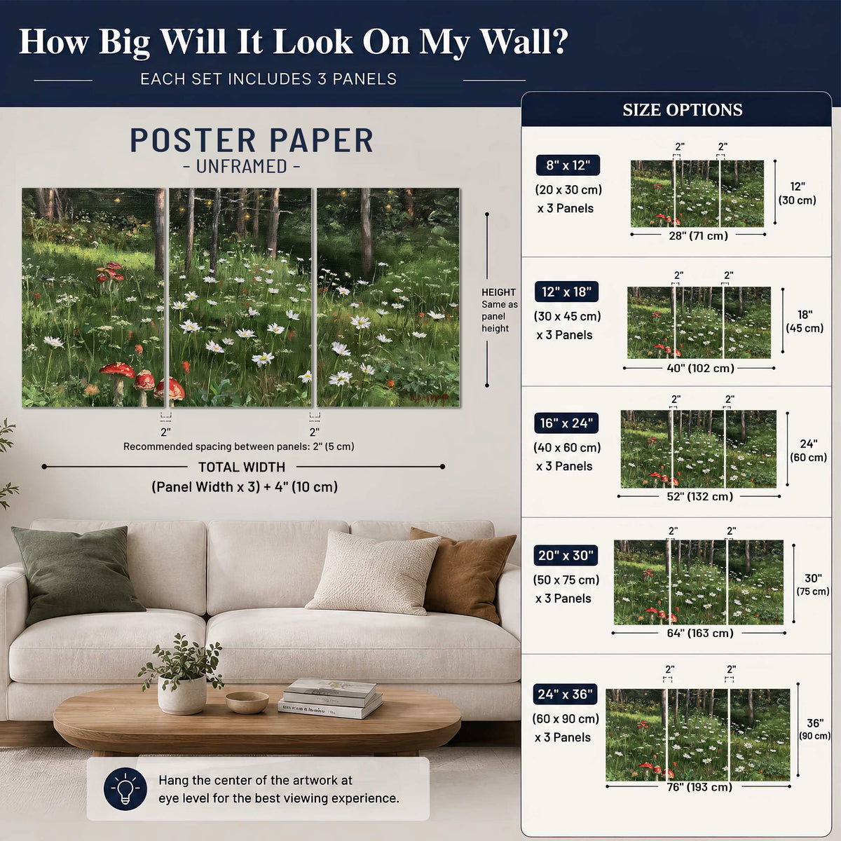 A green woodland floor covered with small white daisies and red mushroom accents set of 3 poster prints size guide above a sofa; room view is illustrative
