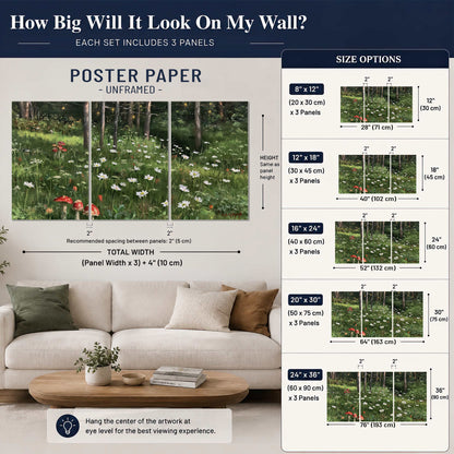 A green woodland floor covered with small white daisies and red mushroom accents set of 3 poster prints size guide above a sofa; room view is illustrative