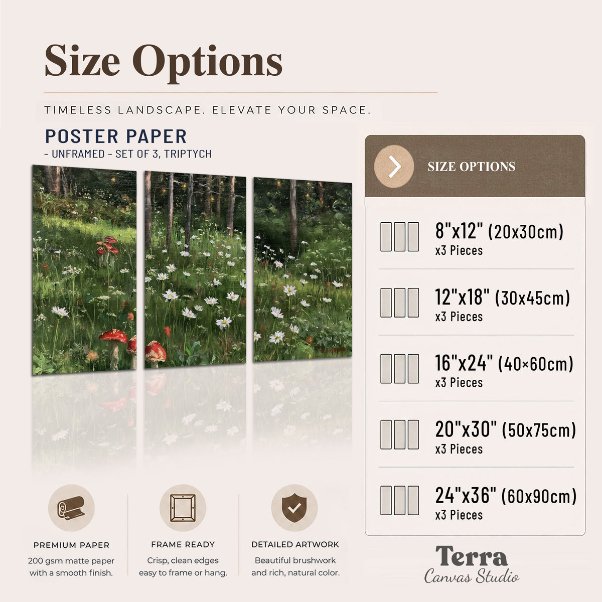 A green woodland floor covered with small white daisies and red mushroom accents set of 3 poster prints available dimensions; triptych dimensions are per panel