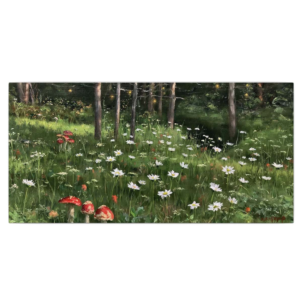 A green woodland floor covered with small white daisies and red mushroom accents single canvas wall art viewed straight on