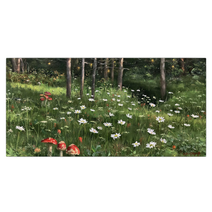 A green woodland floor covered with small white daisies and red mushroom accents single canvas wall art viewed straight on