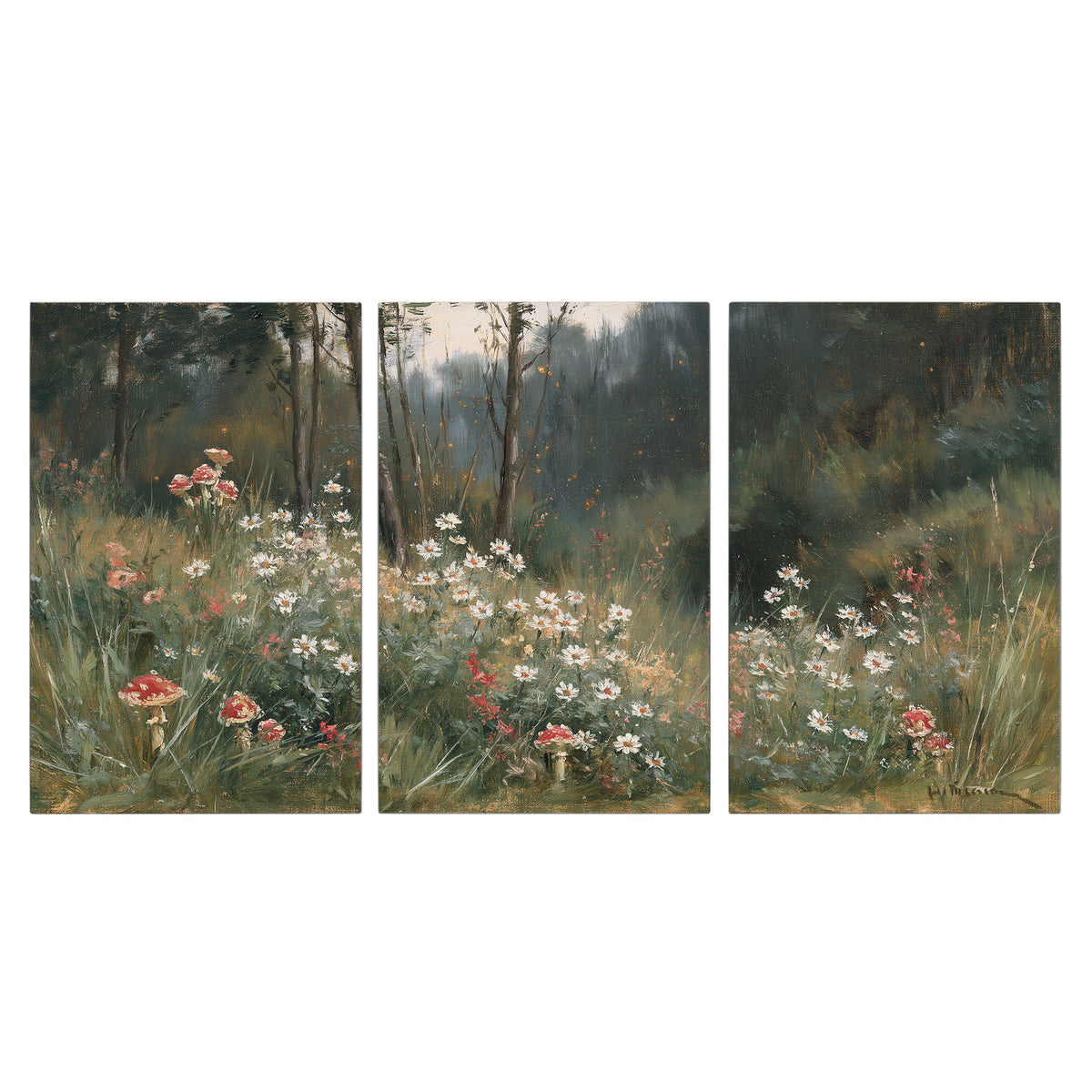 A soft woodland meadow filled with pale flowers and scattered warm red accents 3 piece canvas wall art viewed straight on