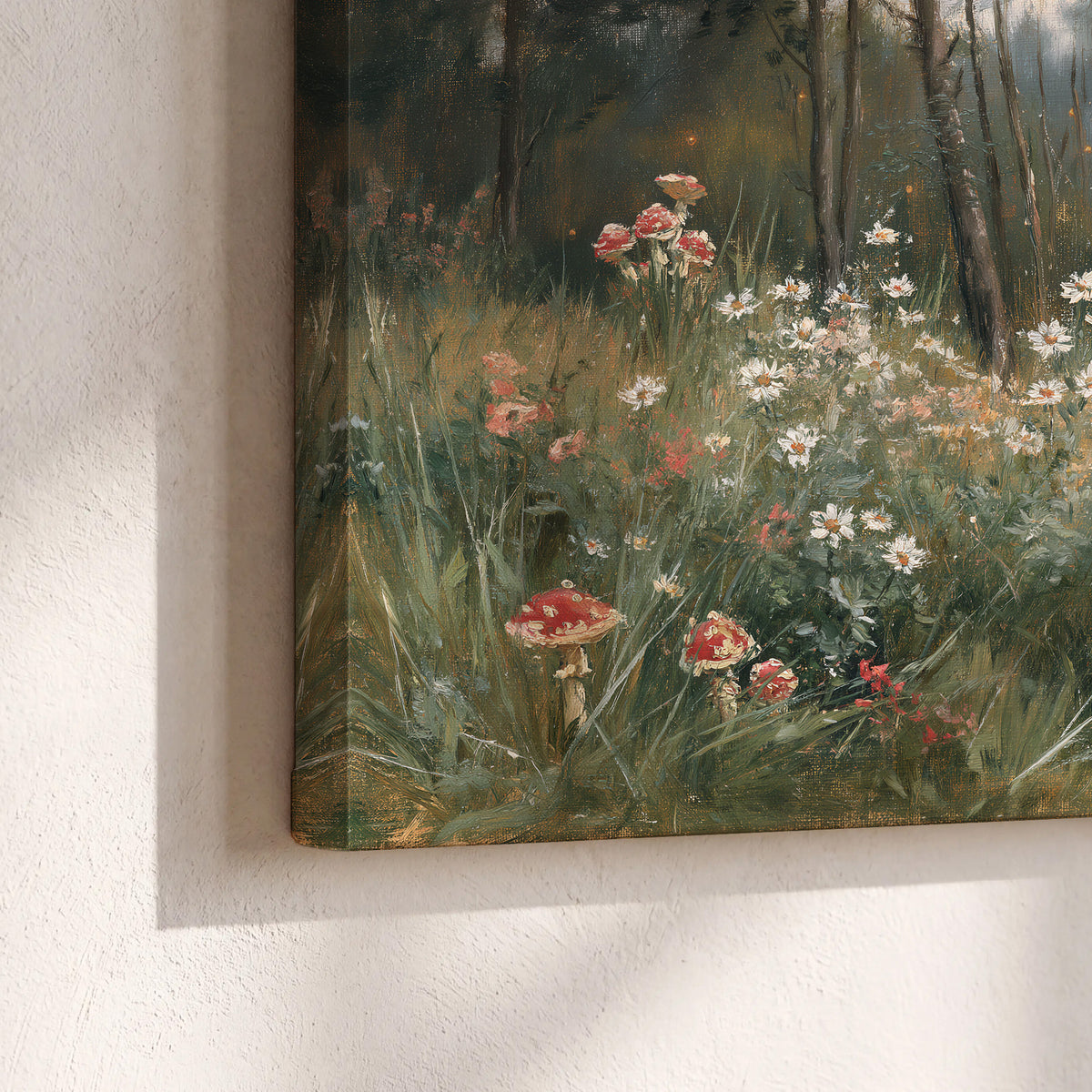 A soft woodland meadow filled with pale flowers and scattered warm red accents 3 piece canvas wall art material and edge close up