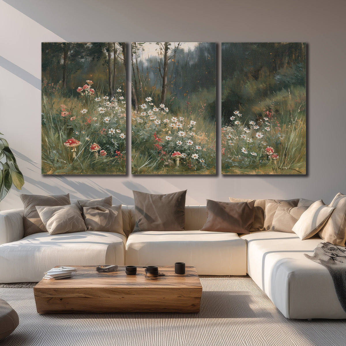 A soft woodland meadow filled with pale flowers and scattered warm red accents 3 piece canvas wall art displayed in a living room