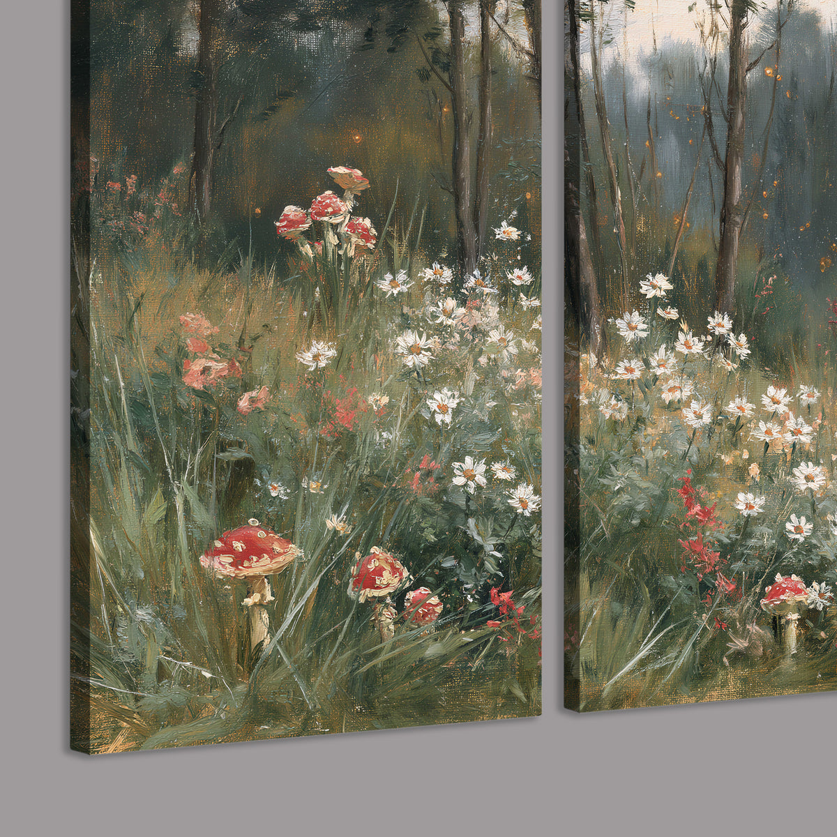 A soft woodland meadow filled with pale flowers and scattered warm red accents 3 piece canvas wall art room and product view
