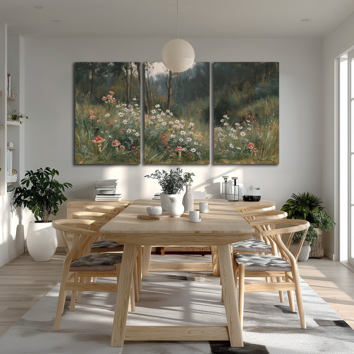 A soft woodland meadow filled with pale flowers and scattered warm red accents 3 piece canvas wall art room and product view