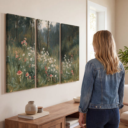 A soft woodland meadow filled with pale flowers and scattered warm red accents 3 piece canvas wall art three panel arrangement on a wall