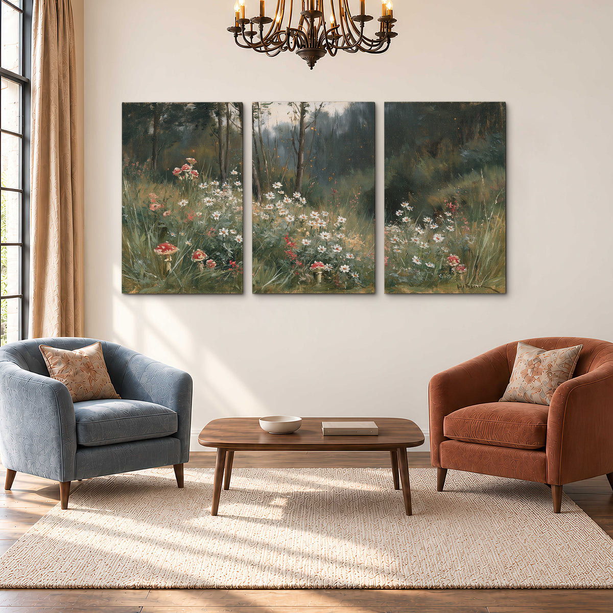 A soft woodland meadow filled with pale flowers and scattered warm red accents 3 piece canvas wall art styled in an interior