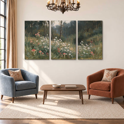 A soft woodland meadow filled with pale flowers and scattered warm red accents 3 piece canvas wall art styled in an interior