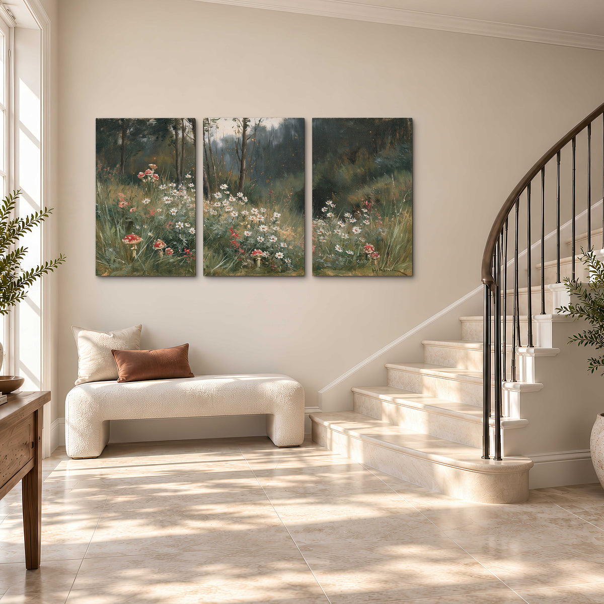 A soft woodland meadow filled with pale flowers and scattered warm red accents 3 piece canvas wall art styled in an interior