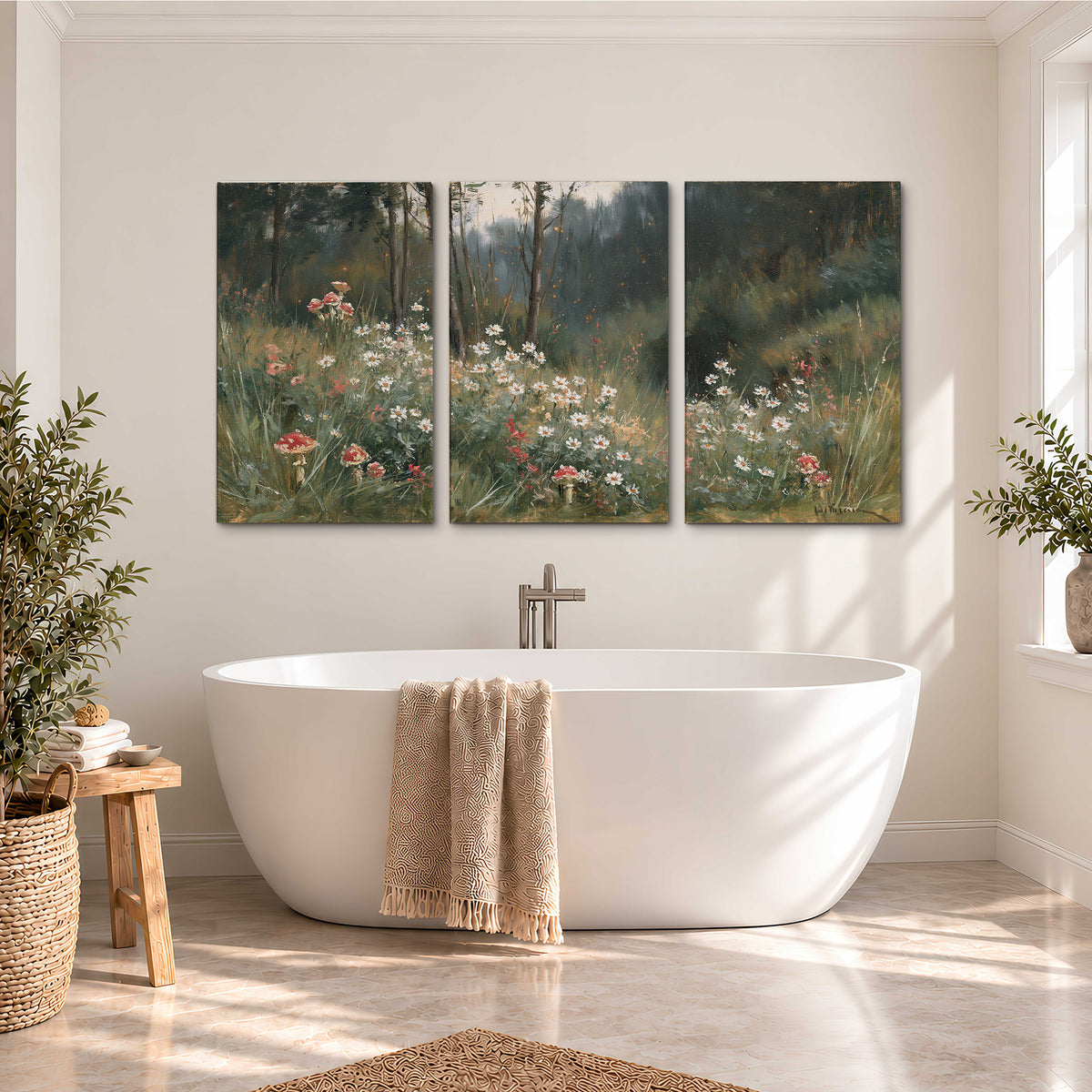 A soft woodland meadow filled with pale flowers and scattered warm red accents 3 piece canvas wall art styled in an interior