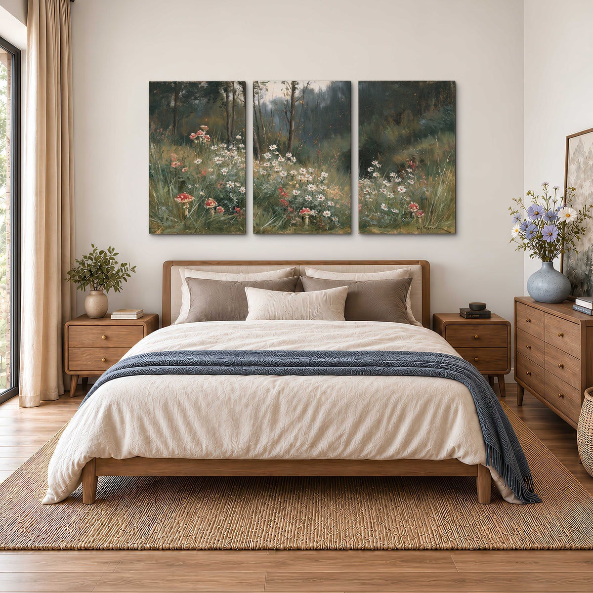 A soft woodland meadow filled with pale flowers and scattered warm red accents 3 piece canvas wall art styled in an interior