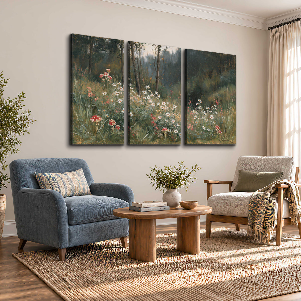 A soft woodland meadow filled with pale flowers and scattered warm red accents 3 piece canvas wall art styled in an interior