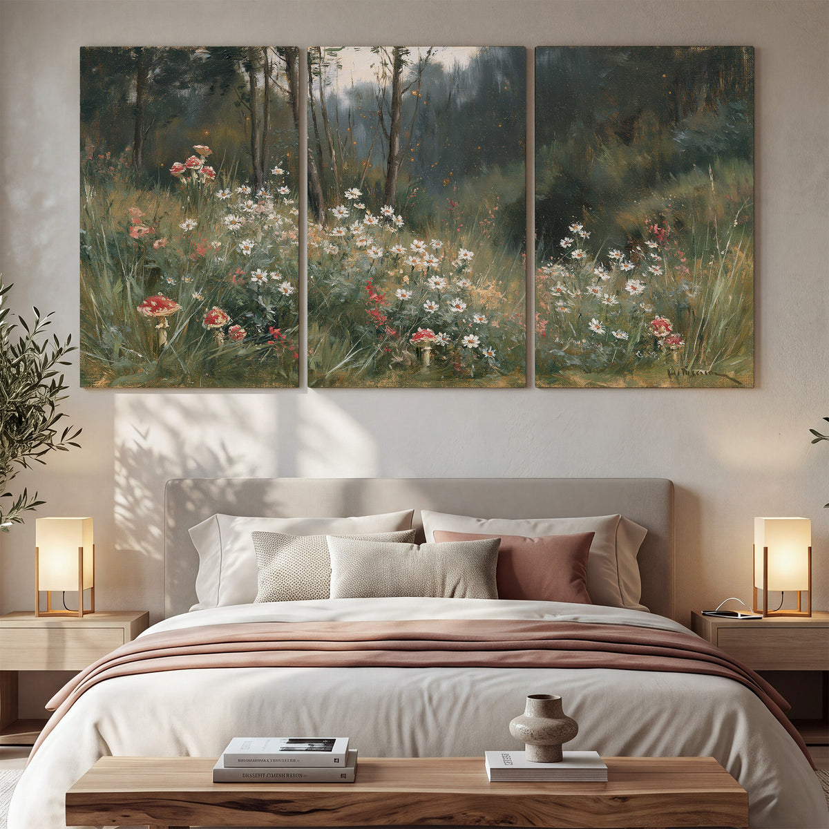 A soft woodland meadow filled with pale flowers and scattered warm red accents 3 piece canvas wall art displayed in a bedroom