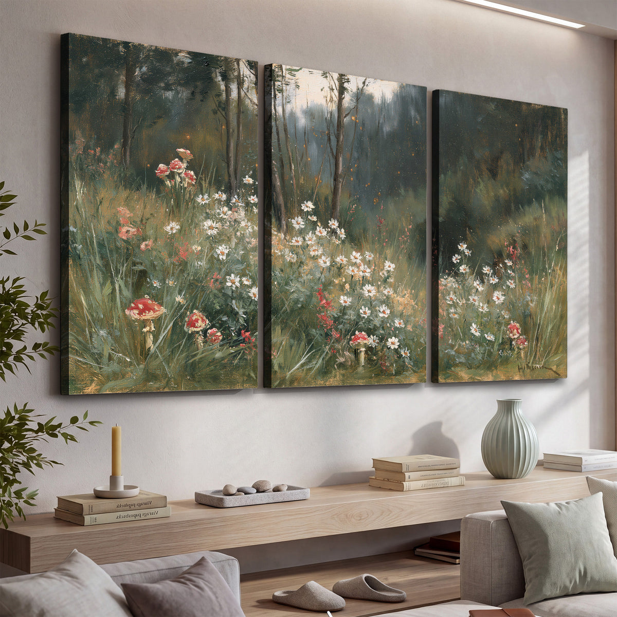 A soft woodland meadow filled with pale flowers and scattered warm red accents 3 piece canvas wall art displayed in a console