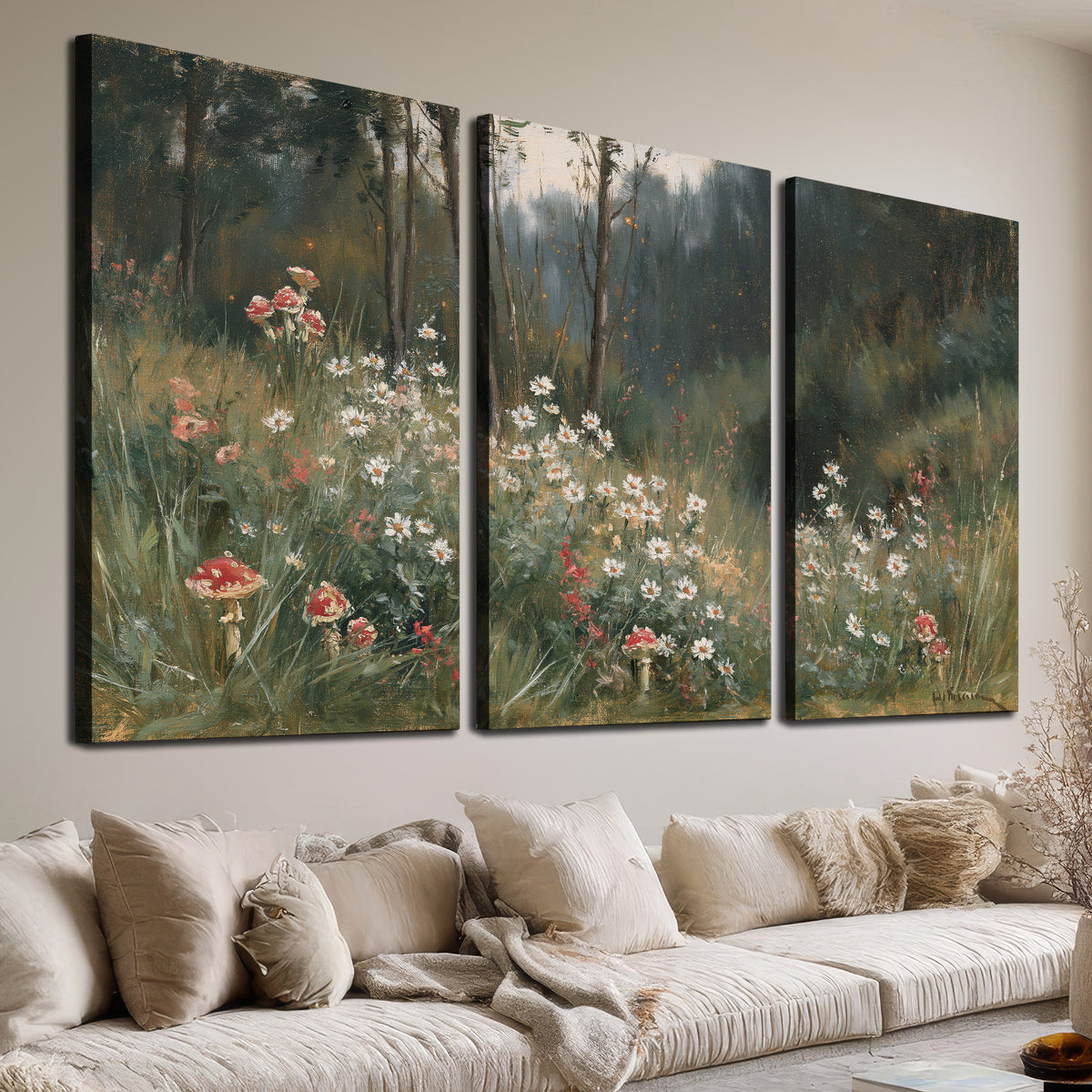 A soft woodland meadow filled with pale flowers and scattered warm red accents 3 piece canvas wall art room and product view