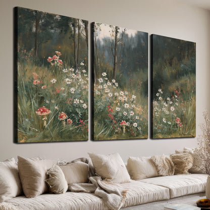 A soft woodland meadow filled with pale flowers and scattered warm red accents 3 piece canvas wall art room and product view