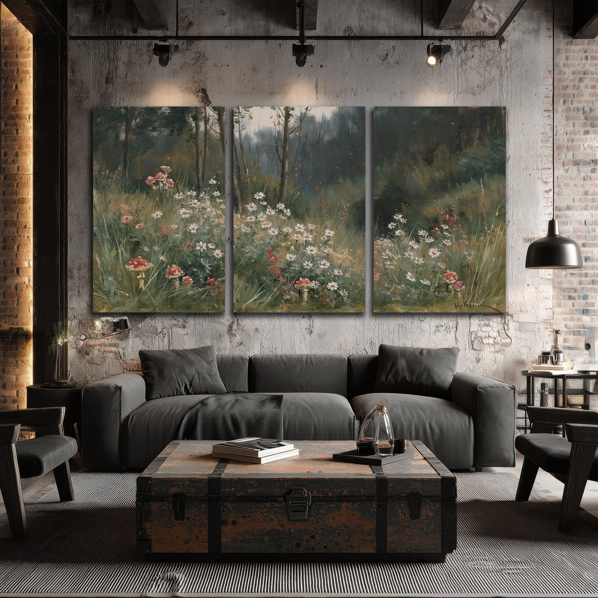 A soft woodland meadow filled with pale flowers and scattered warm red accents 3 piece canvas wall art displayed in a industrial room