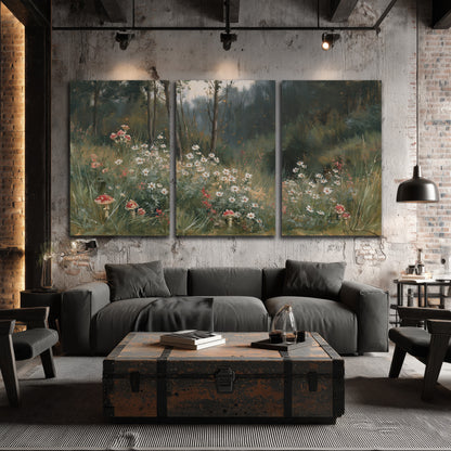 A soft woodland meadow filled with pale flowers and scattered warm red accents 3 piece canvas wall art displayed in a industrial room