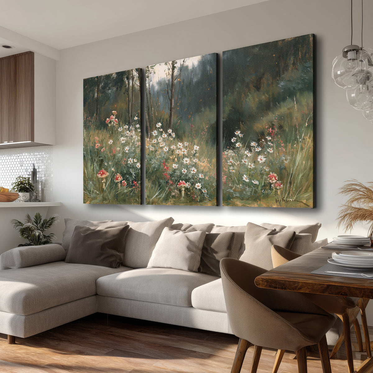 A soft woodland meadow filled with pale flowers and scattered warm red accents 3 piece canvas wall art room and product view