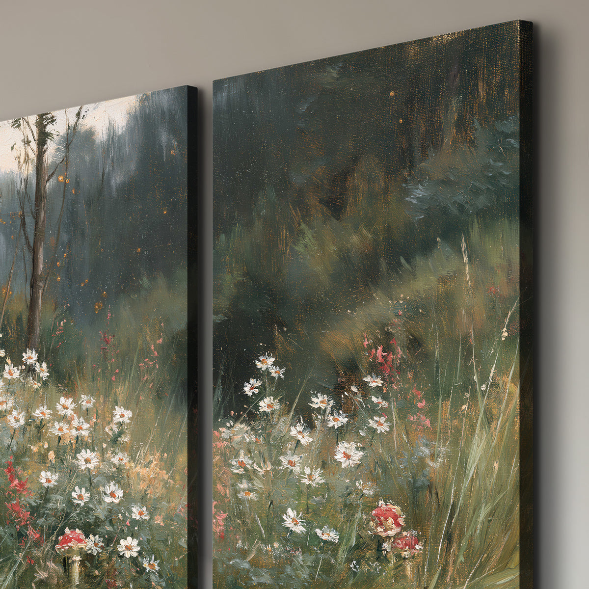 A soft woodland meadow filled with pale flowers and scattered warm red accents 3 piece canvas wall art room and product view