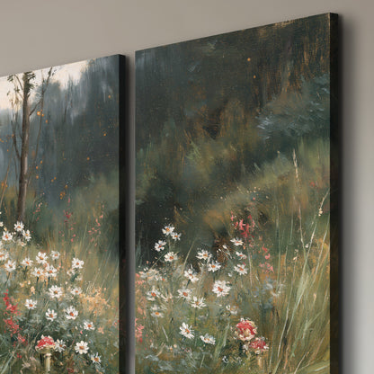A soft woodland meadow filled with pale flowers and scattered warm red accents 3 piece canvas wall art room and product view