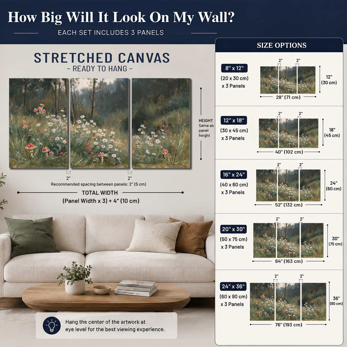 A soft woodland meadow filled with pale flowers and scattered warm red accents 3 piece canvas wall art size guide above a sofa; room view is illustrative