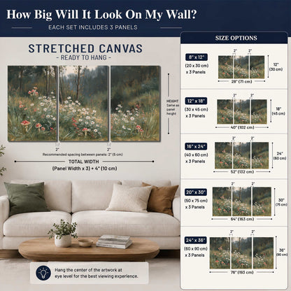 A soft woodland meadow filled with pale flowers and scattered warm red accents 3 piece canvas wall art size guide above a sofa; room view is illustrative
