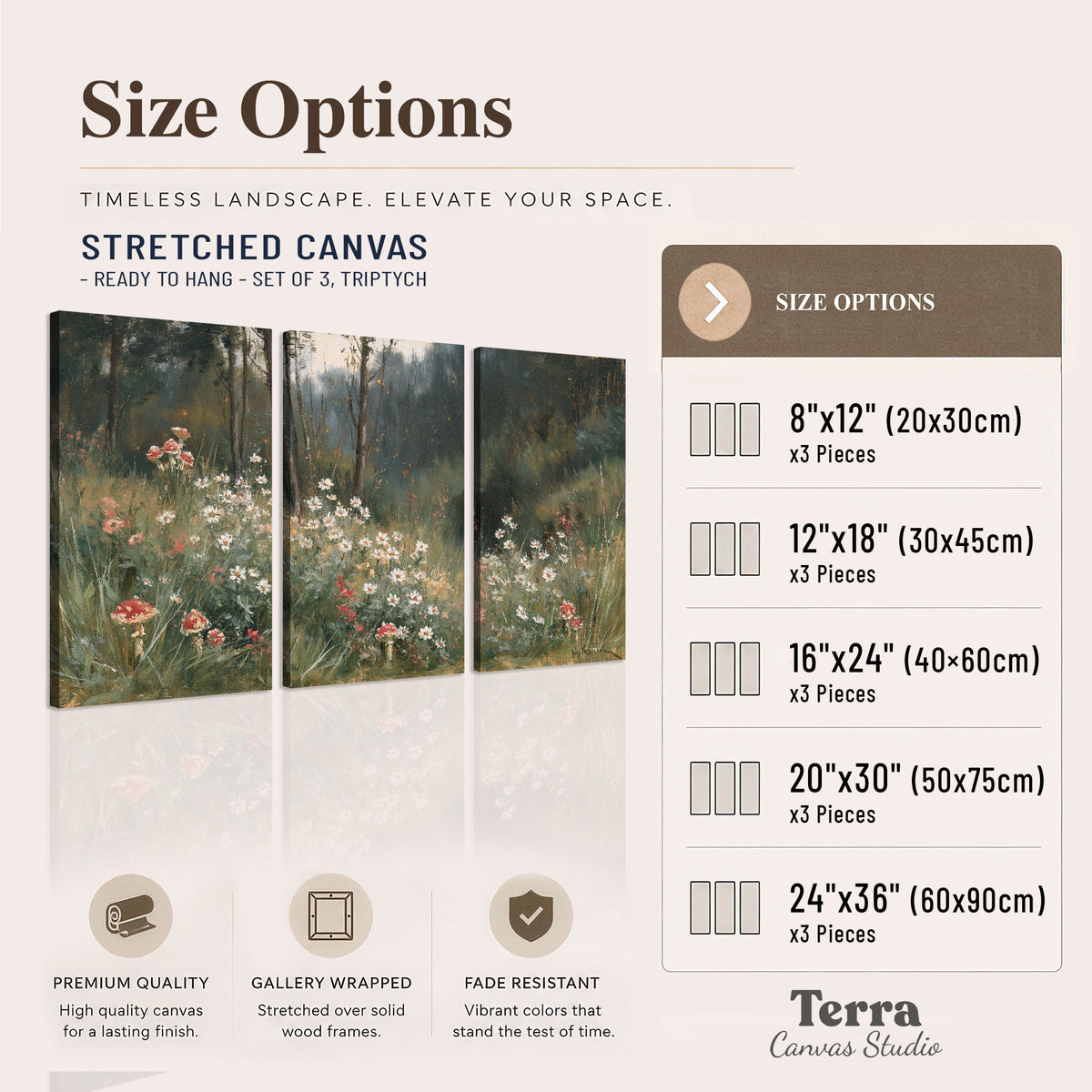 A soft woodland meadow filled with pale flowers and scattered warm red accents 3 piece canvas wall art available dimensions; triptych dimensions are per panel