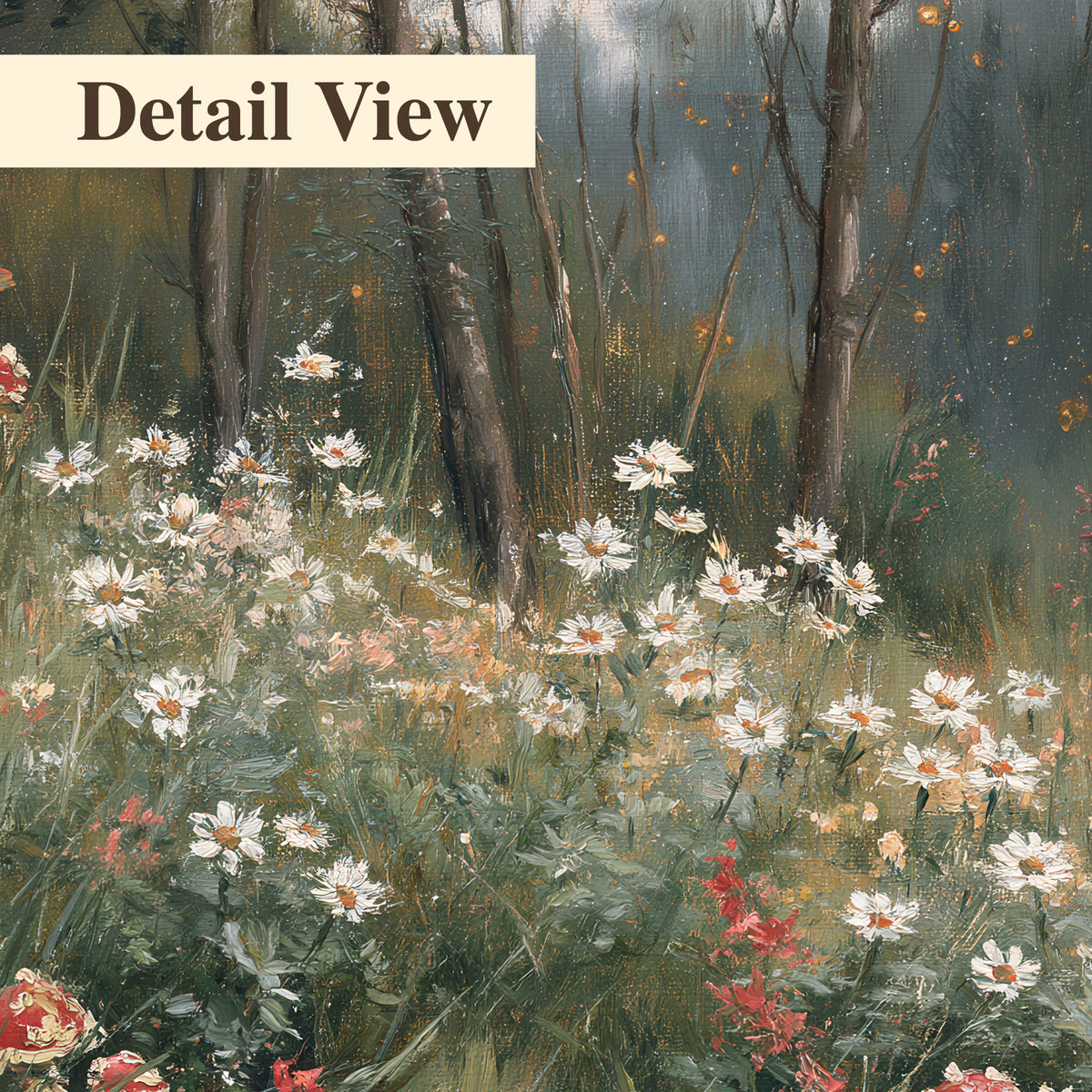 A soft woodland meadow filled with pale flowers and scattered warm red accents 3 piece canvas wall art artwork detail close up