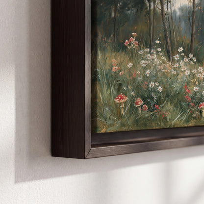 A soft woodland meadow filled with pale flowers and scattered warm red accents 3 piece framed canvas wall art material and edge close up